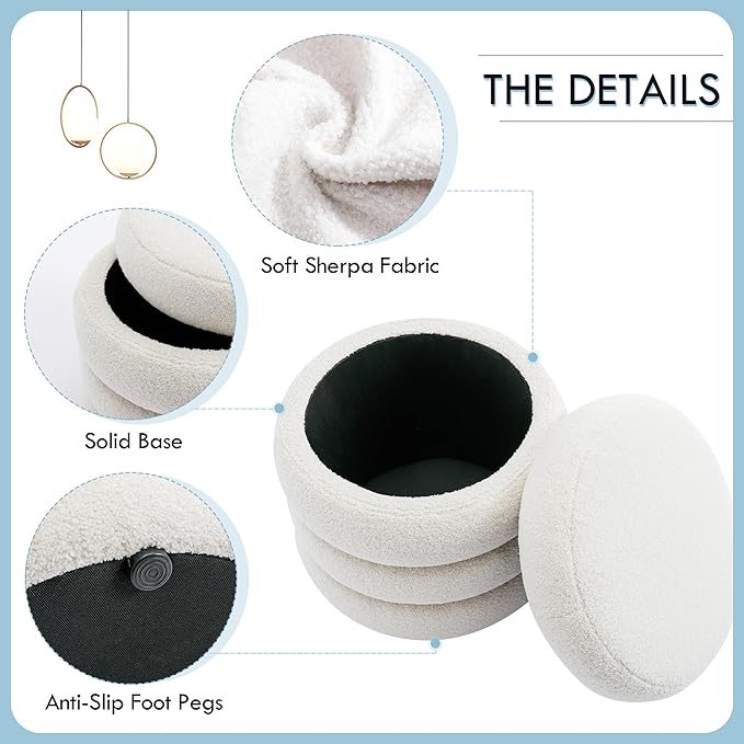 Flouki 19.5" Storage Ottoman Round, Vanity Stools for Bedroom, Entryway Ottoman for Console Table, Ottoman Stool for Girls Women, Foot Stool for Living Room Set of 2, Sherpa Off-White