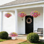 Artificial Silk Flowers Hanging Baskets Outdoors Indoors, Daisy with Eucalyptus Leaves Arrangement for Garden Yard Spring Summer Decor Faux Green Plant Metal Coconut Lining