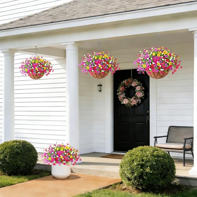 Artificial Silk Flowers Hanging Baskets Outdoors Indoors, Daisy with Eucalyptus Leaves Arrangement for Garden Yard Spring Summer Decor Faux Green Plant Metal Coconut Lining