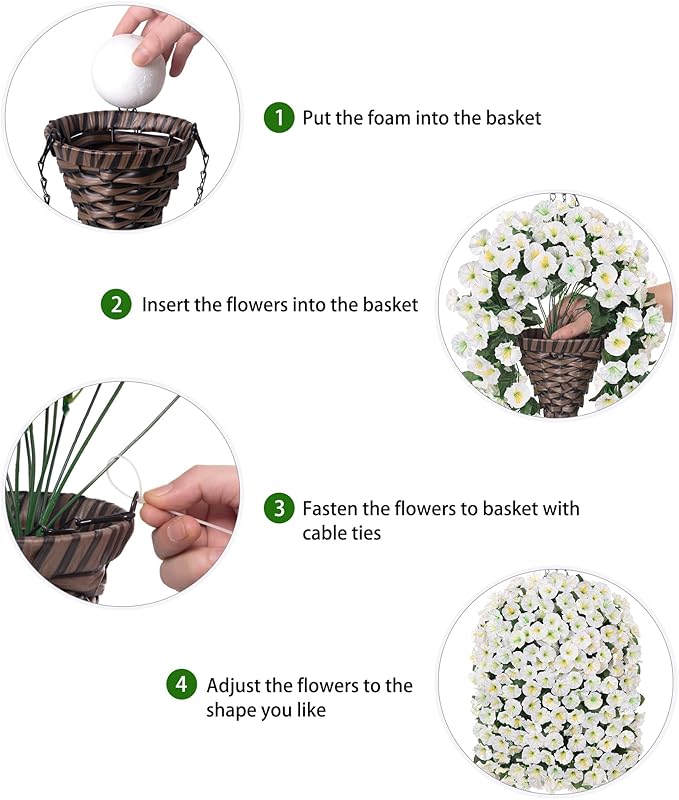 HyeFlora Artificial Faux Hanging White Flowers Plants Basket for Outdoor Outside Christmas Winter Decor, Fake UV Resistant Realistic Morning Glory Flowers for Porch Home Balcony Yard Patio Decoration