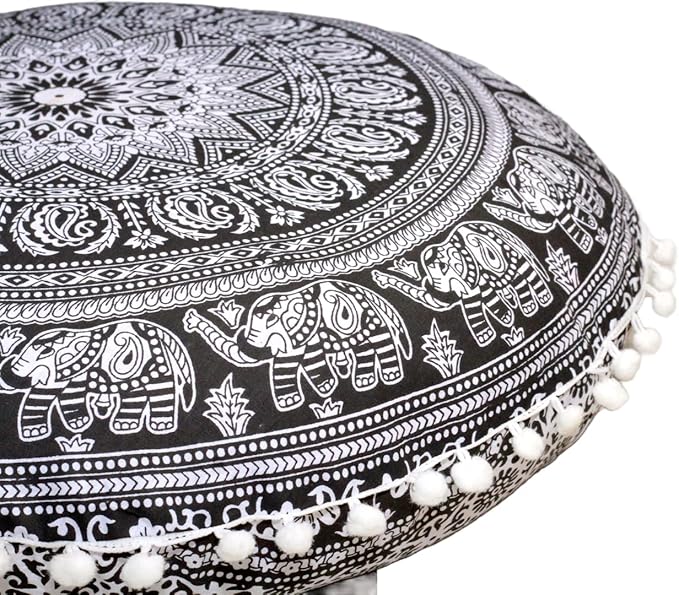 CRAFT KALA 22" Round Mandala Boho Pillow Cover Meditation Room Seating Poufs Cover for Living Room Yoga Room Home Bedroom Balcony Garden Party Decoration Cotton Floor Cushion Cover 22", B & W Elephant