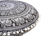 CRAFT KALA 22" Round Mandala Boho Pillow Cover Meditation Room Seating Poufs Cover for Living Room Yoga Room Home Bedroom Balcony Garden Party Decoration Cotton Floor Cushion Cover 22", B & W Elephant