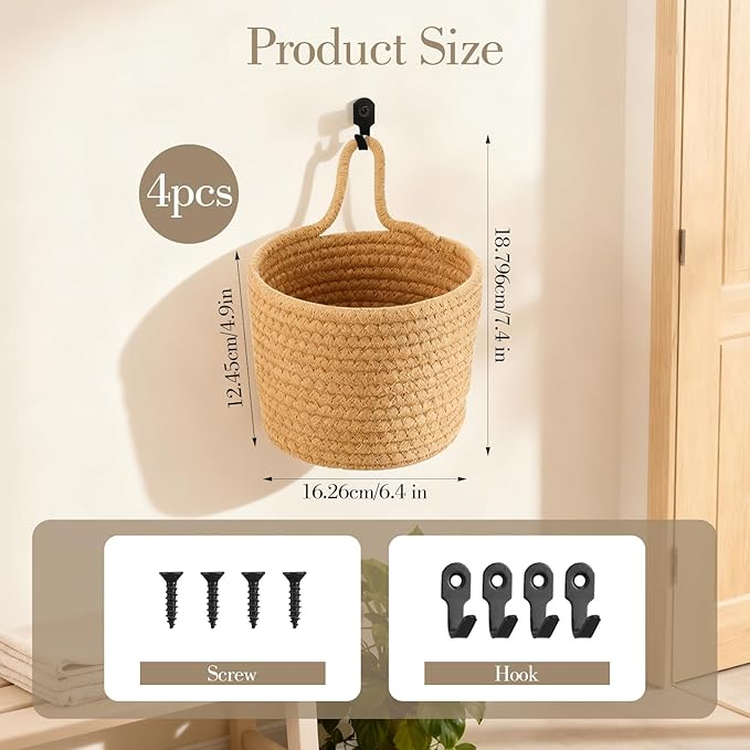 4 Pcs Jute Wall Hanging Baskets, Cotton Woven Storage Organizer for Flower Plants Towels Keys, Boho Farmhouse Decor, 4.9x6.4x7.4 Inches