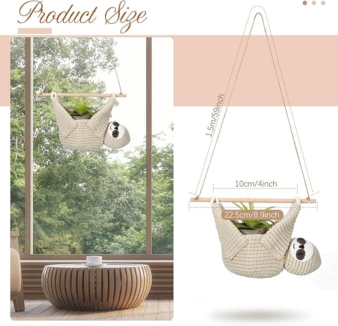Eaasty Macrame Plant Hanger Crochet 4 Inch Sloth Hanging Planter Animal Wall Houseplant Holder for Indoor Outdoor Use Macrame Hanging Home Decoration for Sloth Lovers, Pot and Plant Not Included