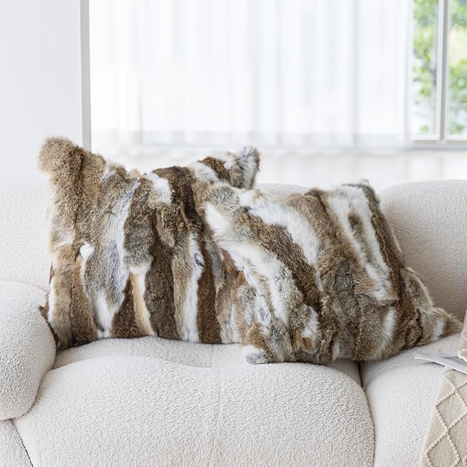 MOOX Rabbit Fur Throw Pillow Covers Decorative Fluffy Soft Fuzzy Plush Luxury Genuine Animal Skin Lumbar Pillow 18"x18" Cushion Cover, Couch-Yellow White