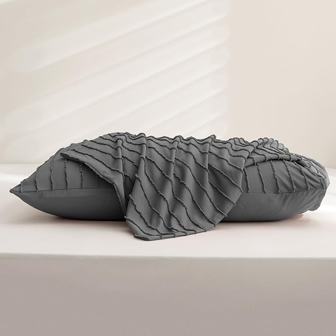 JELLYMONI Pillowcases King Size Dark Grey 2 Pack Boho Striped Bed Pillow Covers 20x36in Polyester Envelope Pillow Shams Tufted Bohemian Textured (Pillows are not Included)