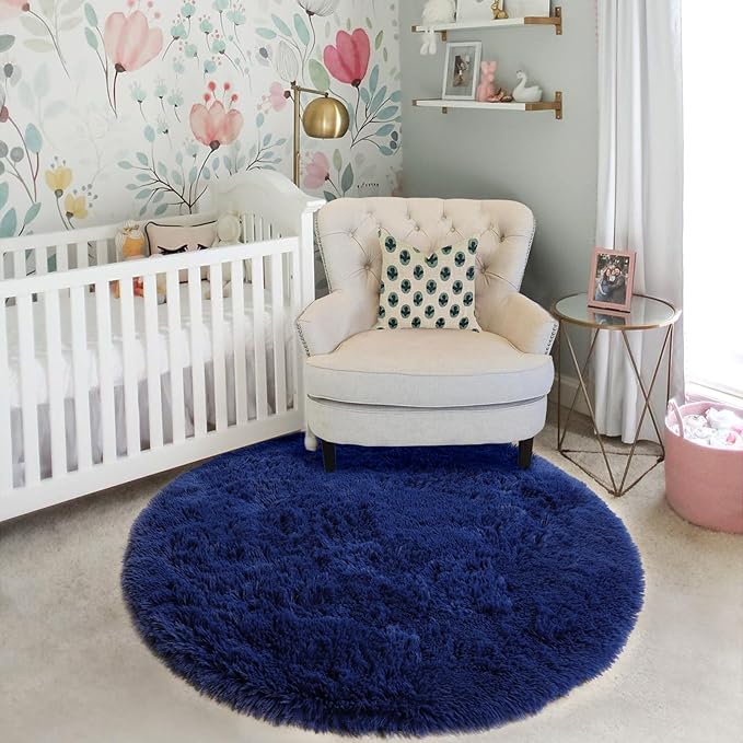 Navy Blue Round Rug 7Ft for Living Room Bedroom, Large Fluffy Fuzzy Circle Area Rugs for Teen Boys Baby Kids, Cute Shaggy Plush Floor Royal Dark Blue Carpet for Dorm Nursery Playroom Decor Aesthetic