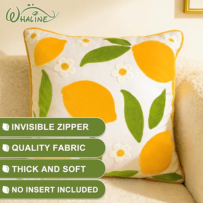 Whaline 2 Pcs Summer Tufted Throw Pillow Covers Embroidered Lemon Daisy Pillow Case Fruit Jacquard Decorative Cushion Case for Living Room Bedroom Couch Sofa Bed Home Decor, 18 x 18 Inch