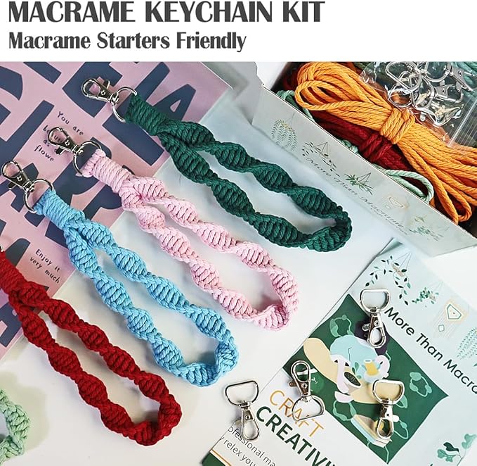Ewparts Macrame Keychain Kit for Beginner Boho Adult Craft DIY Kits with Precut Macrame Cord 3mm with Instruction Tutorials to Make 8 Macrame Keychains Lanyards for Kids Women Starters DIY Crafts Kit