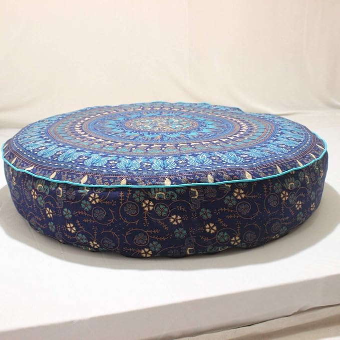 Indian Large Mandala Floor Pillow Comfortable Home Car Bed Sofa Large Mandala Floor Pillows Round Bohemian Meditation Cushion Cover Ottoman Pouf Cover Blue Color Round Pouf Cat Dog Bed