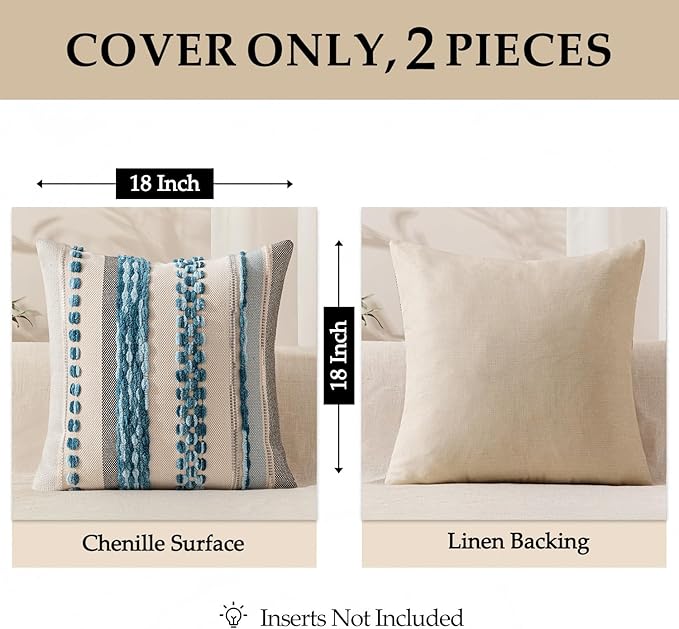 ANRODUO Pack of 2 Boho Decorative Throw Pillow Covers 20x20 Farmhouse Cushion Case Striped Chenille Pillow Cases Square Pillow Covers Accent Neutral Pillowcase for Sofa Couch Bed, Sky Blue Stripe 3