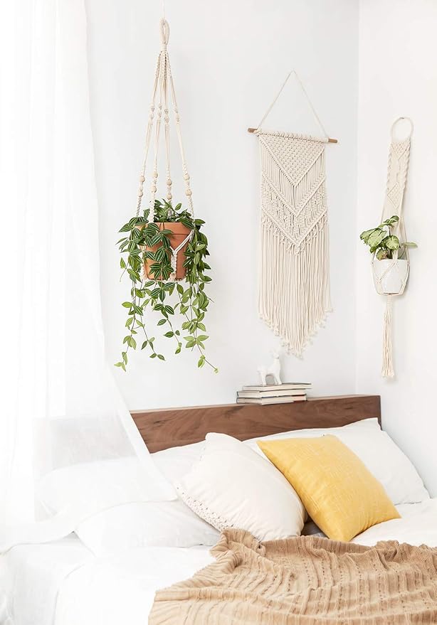 Mkono Macrame Plant Hanger Indoor Hanging Planter Basket with Wood Beads Decorative Flower Pot Holder No Tassels for Indoor Outdoor Boho Home Decor 35 Inch, Ivory, Set of 3 (POTS NOT Included)