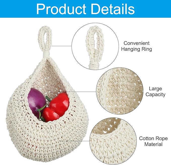 PATIKIL Hanging Fruit Baskets for Kitchen, Medium Size Teardrop Home Decor Storage Hand-Woven Wall Hanging Basket for Garlic Potato Vegetable, Beige