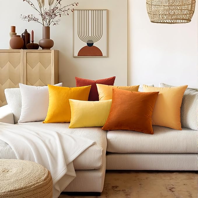 MIULEE Velvet Throw Pillow Covers 20x20 Inch, Pack of 2 - Orange, Soft Solid Decorative Pillow Covers Farmhouse Modern Home Decor for Couch Sofa Bedroom Living Room