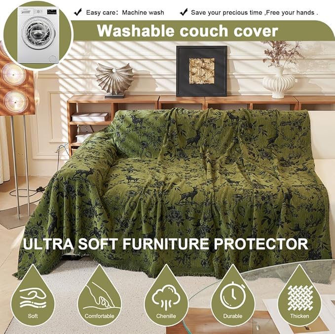 ROOMLIFE Green Sofa Cover, Vintage Boho Couch Cover for 3 Cushion Sofa, Non Slip Soft Chenille Sofa Slipcovers for Dog, Washable Furniture Sofa Protector Cover with Tassel for Living Room, 71''X118”