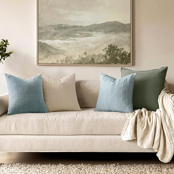 Woaboy Linen Check Throw Pillow Covers Blue Gray Farmhouse Modern Boho Vintage Coastal 22x22 Inch Set of 2 Decorative Cushion Covers for Sofa Couch Bedroom Living Room Home Decor