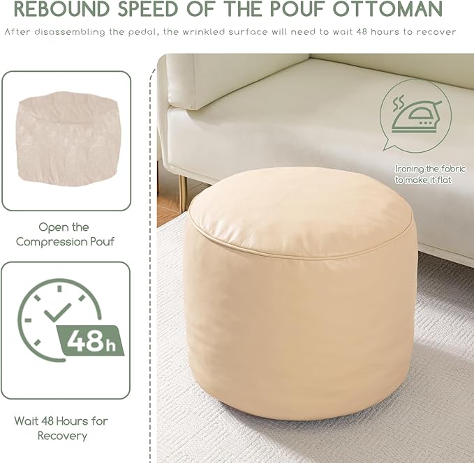 HIGOGOGO Round Stuffed Pouf Ottoman, Pu Leather Poufs with Foam Chunk Filling, Furry and Fluffy Pouf Foot Stool Storage Ottoman, 20 X 15 Floor Poufs Foot Rest for Living Room, Beige