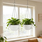2 Pack Hanging Planters for Indoor Outdoor Plants, 12Inch Self Watering Hanging Pot with Drainage Holes and Saucer, Plastic Plant Pots, White Flower Pots for Kitchen, Balcony, Garden