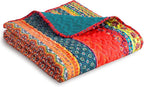 Exclusivo Mezcla 50"x 60" Quilted Throw Blanket- Microfiber Quilt Throw with Boho Striped Pattern, Reversible Red and Blue Versatile Lap Quilt for All Seasons, Lightweight Throws for Bed/Couch/Sofa
