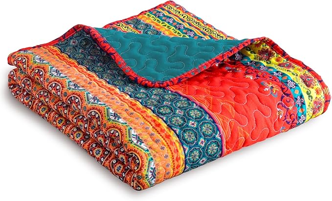 Exclusivo Mezcla 50"x 60" Quilted Throw Blanket- Microfiber Quilt Throw with Boho Striped Pattern, Reversible Red and Blue Versatile Lap Quilt for All Seasons, Lightweight Throws for Bed/Couch/Sofa