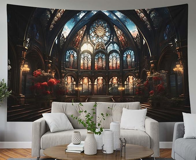 EMMTEEY Gothic Cathedral Tapestry for Men 60X50 Inch - Vintage Interior Wall Decoration Medieval Fantasy Backdrop for Bedroom Dorm