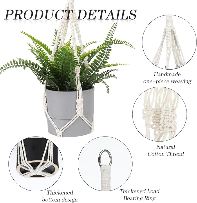 2 Pack Macrame Plant Hanger Boho Hanging Planters for Indoor Plants Decorative Braided Cotton Rope Plant Hanger Hanging Plant Holder with Metal Hook for Indoor Outdoor Home Decor, Ivory, 20 In