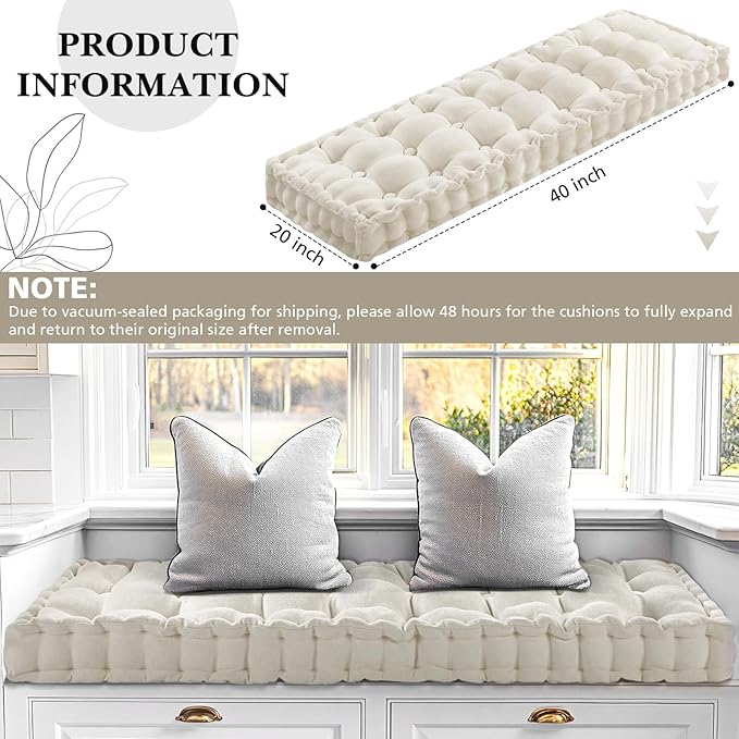Geelin 36x14 Inch Bench Cushions for Indoor Furniture Chenille Velvet Beige Button Tufted Thicken Seat Pad Mat with Memory Foam, Window Floor Sofa Chair Cushion for Living Room Patio Porch Swing