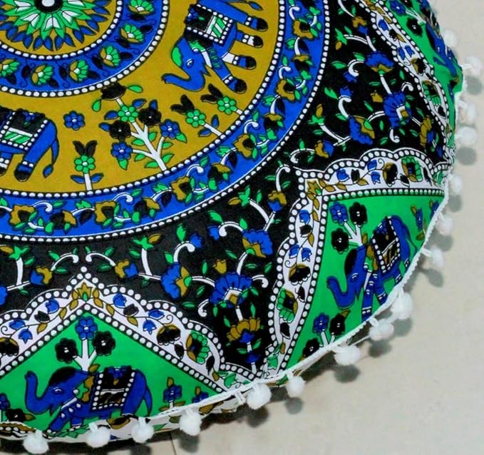 CRAFT KALA 22" Round Mandala Boho Pillow Cover Meditation Room Seating Poufs Cover for Living Room Yoga Room Home Bedroom Balcony Garden Party Decoration Cotton Floor Cushion Cover 22", Blue Elephant