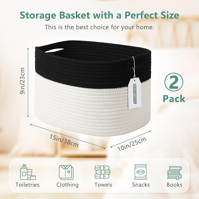Cotton Rope Storage Basket, 15x10x9 Inches, Woven Basket for Shelves, Clothes, Towels, Books, and Laundry, Black/White (2 Pack)