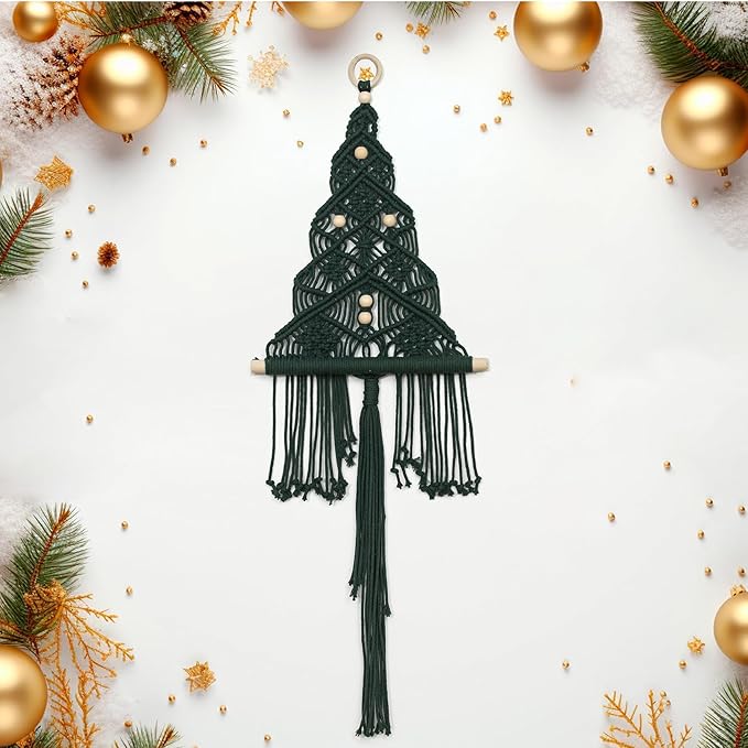 HVEST Green Macrame Christmas Tree Wall Hanging, Dark Green Ornaments for Xmas Tree Handmade Woven Tapestry for Bedroom Boho Christmas Gifts Macrame Wall Art for Living Room Decorations, 32L X 11W