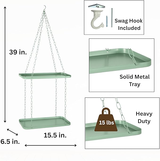 Shinehola Hanging Planters for Indoor Outdoor Plants (Length - 15.5"), Plant Hanger Indoor | Large Metal Hanging Plant Holder, 2-Tier Hanging Planter Shelf, No Plant/Pot Included (Green, 2-Tier)