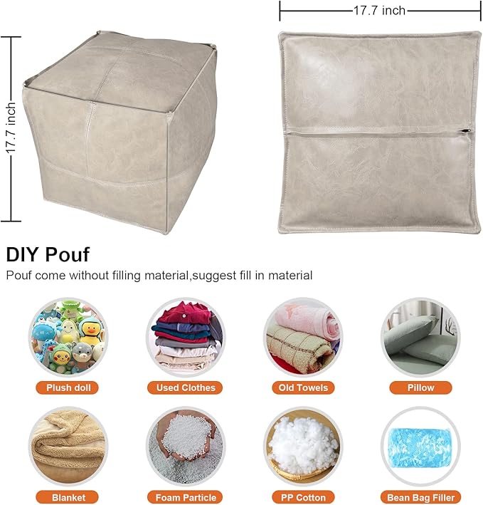 Louis Donné UNSTUFFED Leather Pouf Ottoman Cover, Handmade Faux PU Footstool Pouffe Ottomans Cover,17.7" Grey White Foot Rest for Living Room, Floor Chair for Christmas Decorations Gift(ONLY Cover)