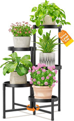 LASZOLA 5 Tier Large Plant Stand Indoor Tall with 10 Inch Metal Tray, Corner Folding Flower Display Rack, Modern Plant Holder Shelf for Outdoor Patio Porch Garden Office Living Room, Black