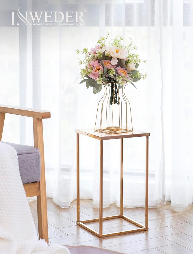 Gold Metal Cube Vase Stand for Wedding Centerpieces, 15.75in Tall, 2 Pcs