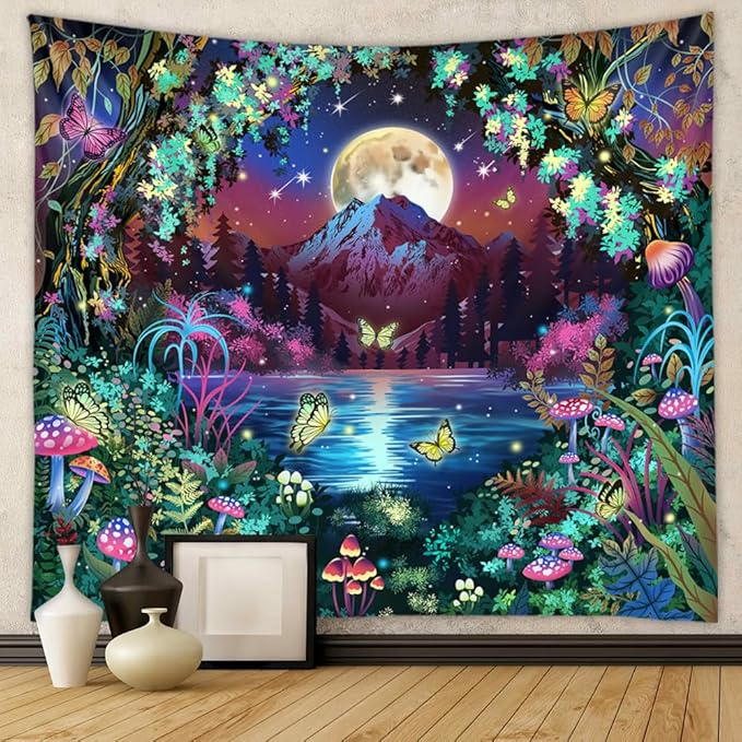 Jhdstore Blacklight Fantasy Forest Tapestry for Bedroom UV Reactive Tapestry Glow in the Dark Wall Tapestries Wall Hanging Galaxy Space Blacklight Posters for Bedroom Living Room Decor 60”x80”