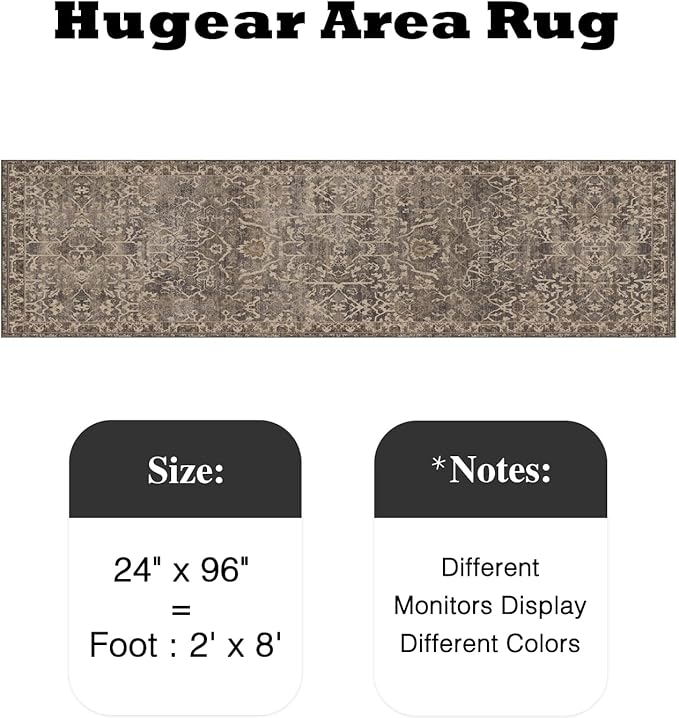 HUGEAR 2x8 Runner Rug Hallway Retro Brown Machine Washable Vintage Floral Low Pile Carpet Vacuumable Distressed Long Throw Rug Bedroom Office Bathroom Kitchen Laundry Non Slip Soft Lightweight