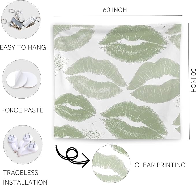WNAGT Trendy Black and White Kiss Lips Tapestry Wall Hanging, Funky Makeup Wall Decor, Fashion Aesthetic Wall Blanket Decor for Girls Room College Dorm Makeup Room Beauty Room, 50x60 Inch