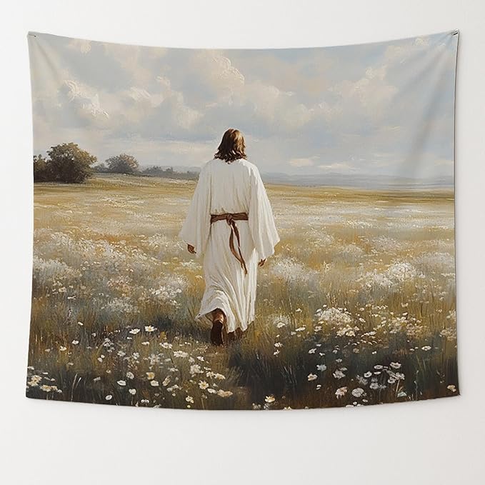 bitCNY Jesus in Field Tapestry 60x50 Inches – Solitude Christian Wall Art, Peaceful Religious Tapestry for Bedroom Living Room, Faith Journey Decor