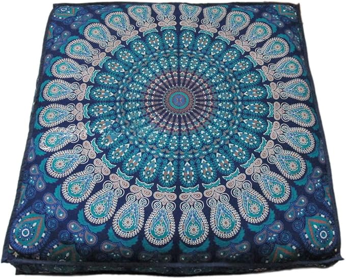 INDIAN CRAFT CASTLE 24" Blue Peacock Mandala Barmeri Large Floor Pillow Cover Cushion Meditation Seating Ottoman Throw Cover Hippie Decorative Zipped Bohemian Pouf Ottoman Pom Pom Cases 24" Square