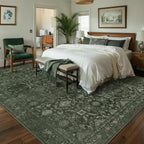 8x10 Area Rugs for Living Room Bedroom, Large Washable Rug, Green Vintage Floral Boho Rug, Non Slip & Low Pile Faux Wool Thin Carpet for Indoor Dining Room and Kids Room(Green 8x10ft)