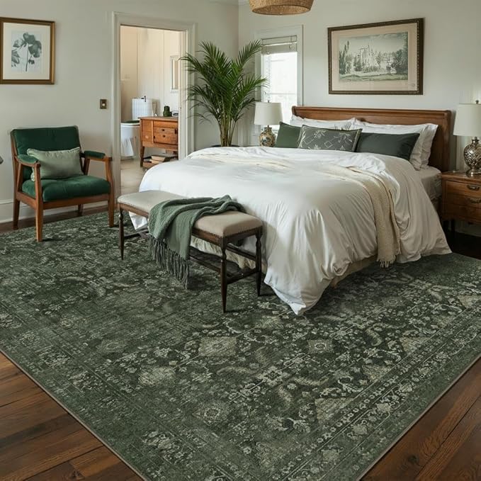 8x10 Area Rugs for Living Room Bedroom, Large Washable Rug, Green Vintage Floral Boho Rug, Non Slip & Low Pile Faux Wool Thin Carpet for Indoor Dining Room and Kids Room(Green 8x10ft)