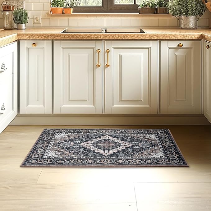 Lessymo 2 x 3 Entryway Rug, Machine Washable Area Rugs Boho Faux Wool Low Pile Area Rug for Bedroom, Floral Medallion Vintage Outdoor Rugs with Non-Slip Rubber,Black Brown