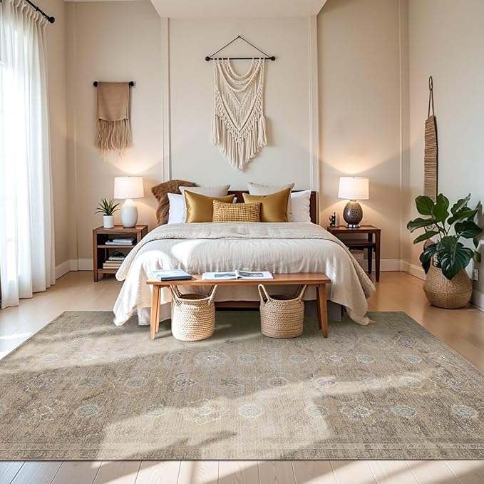 6x9 Area Rugs for Living Room Bedroom, Large Washable Rug, Beige Vintage Retro Boho Rug, Non Slip & Low Pile Faux Wool Thin Carpet for Indoor Dining Room and Kids Room(Beige 6x9ft)