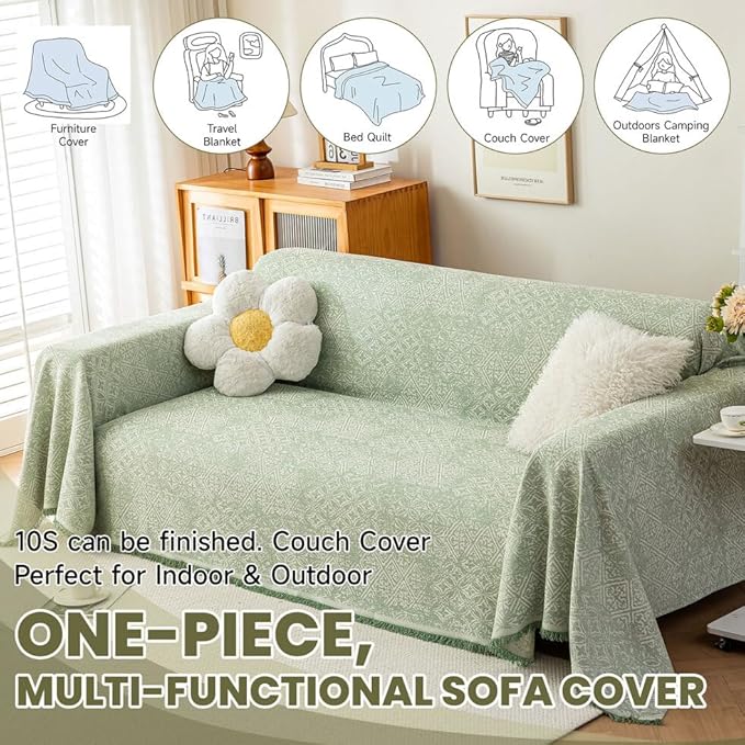 ROOMLIFE Green Sofa Cover, Vintage Boho Couch Cover for 3 Cushion Sofa, Soft Breathable Sofa Cover for Dog, Washable Furniture Sofa Protector Cover Blanket with Tassel for Living Room, 71 '' X 118''
