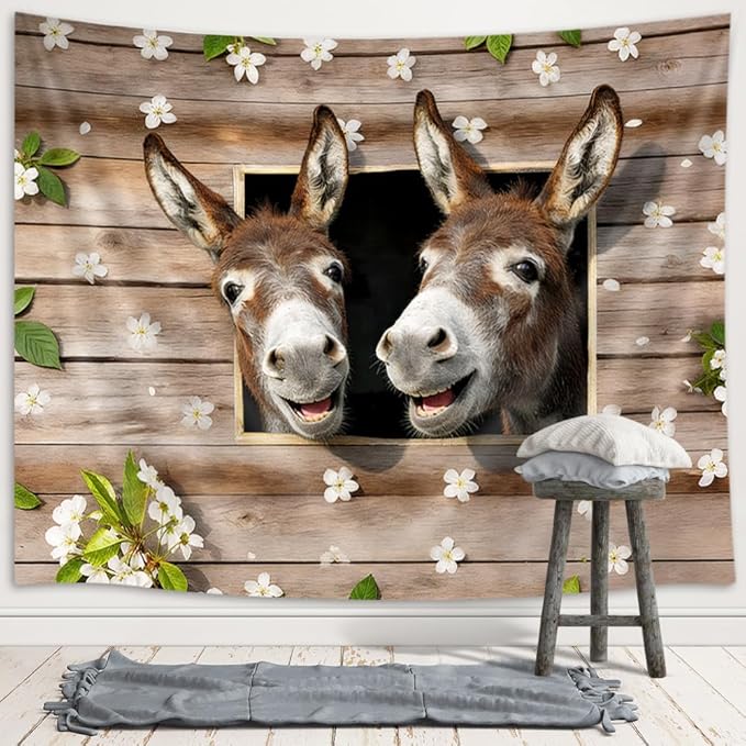 Viajar Funny Donkey Tapestry Wall Hanging, Funny Farm Country Animal Rustic Farmhouse Decor Tapestries Hippie Tapestry Wall Hanging Home Decor Dorm Livingroom Bedroom Wall Blanket, 80X60 Inches