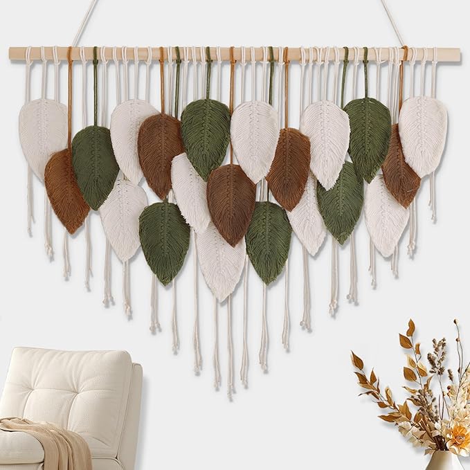 Tiaforza Macrame Wall Hanging Decor Art, Handmade Leaf Feather Woven Boho Wall Tapestry, Ideal Decor for Apartment, Bedroom, Living Room, Office and Dining Area, Size 39" W x 29.5" L