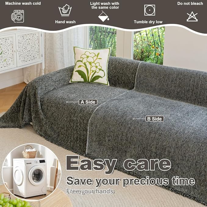 ROOMLIFE Gray Couch Cover Boho Sofa Covers for 3 Cushion Couch Washable, Furniture Protector Sofa Couch Cover for Dogs, Soft Chenille Sofa Slipcover, Couch Throw Blankets with Tassels 71 '' X 134''
