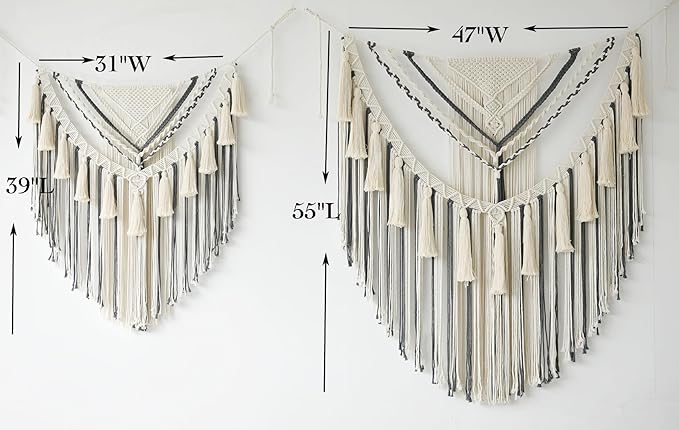 Jakalin Macrame Wall Hanging Grey Small Macrame Wall Decor Panels Handmade Wall Art Home Living Room Bedroom Decor,31" Wx 39" L