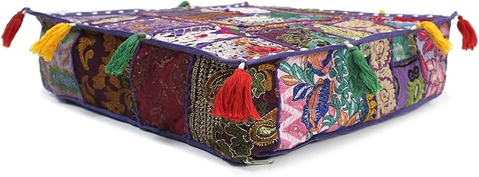 Mam Treasures Indian Bohemian Decorative Pillow Vintage Cushion Cover Patchwork Square Floor Pillow Cover Meditation Cushion Large Floor Pillow Indian Cushion (Purple, 22 X 22 X 5 Inch)