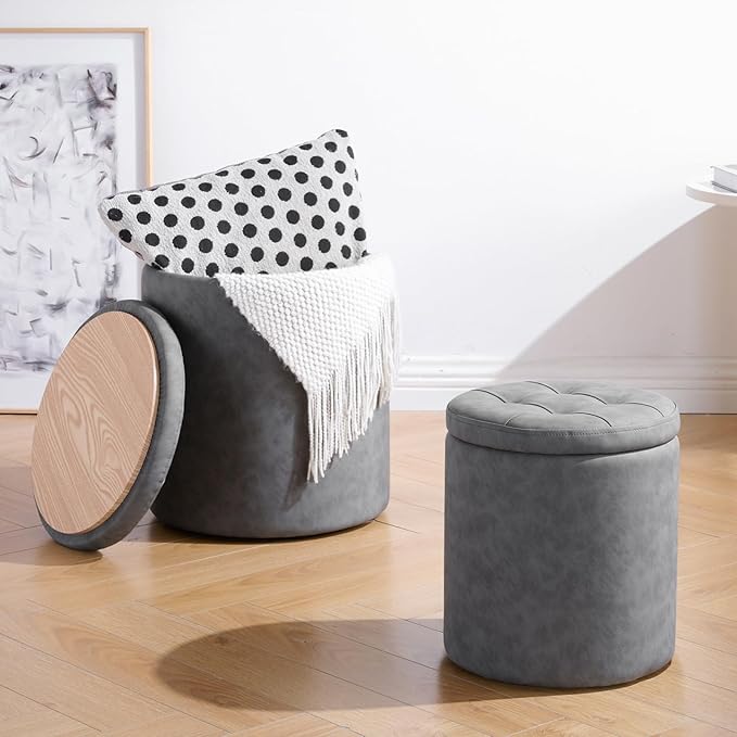 12.6" W x 14.17" H & 14.76" W x 17.32" H Storage Ottoman Foot Stool for Couch, Nesting Round Vanity Stools Padded Ottomen, Leather Set of 2 Footrest for Living Room,Grey